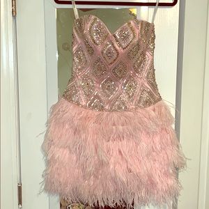Sherri Hill pink crystal embellished feather dress